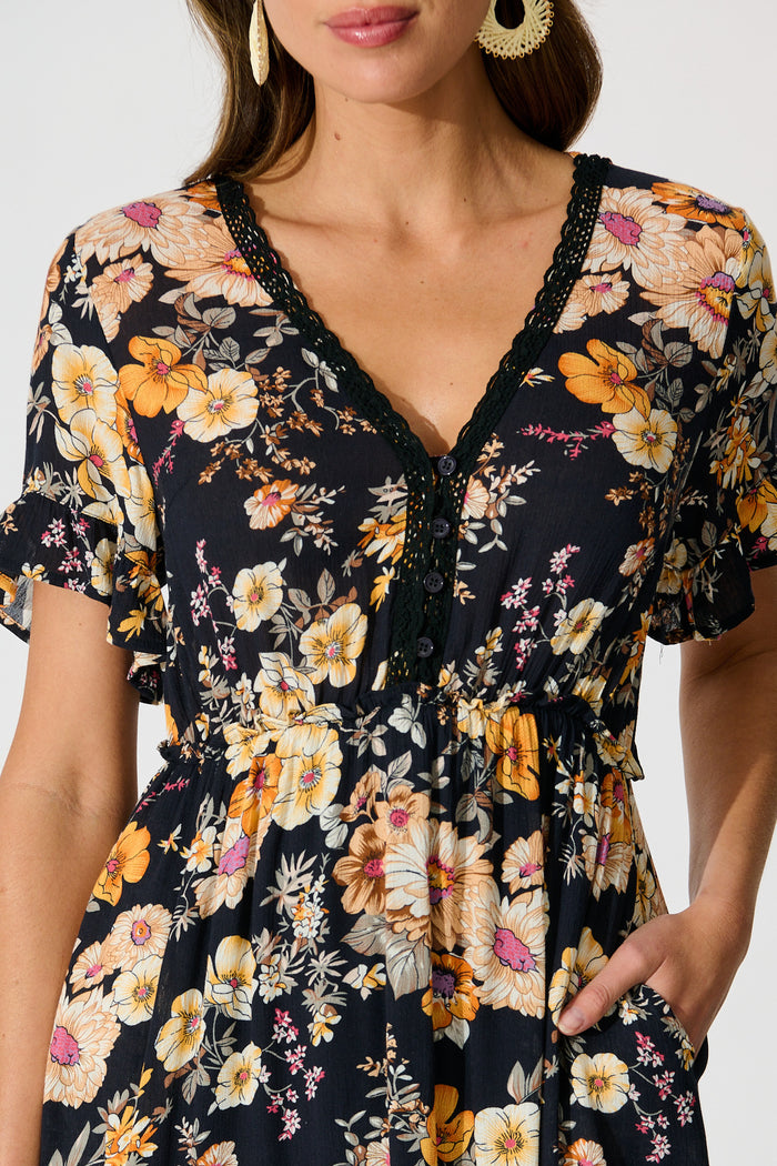 Zyla Midi Dress In Black Floral detail