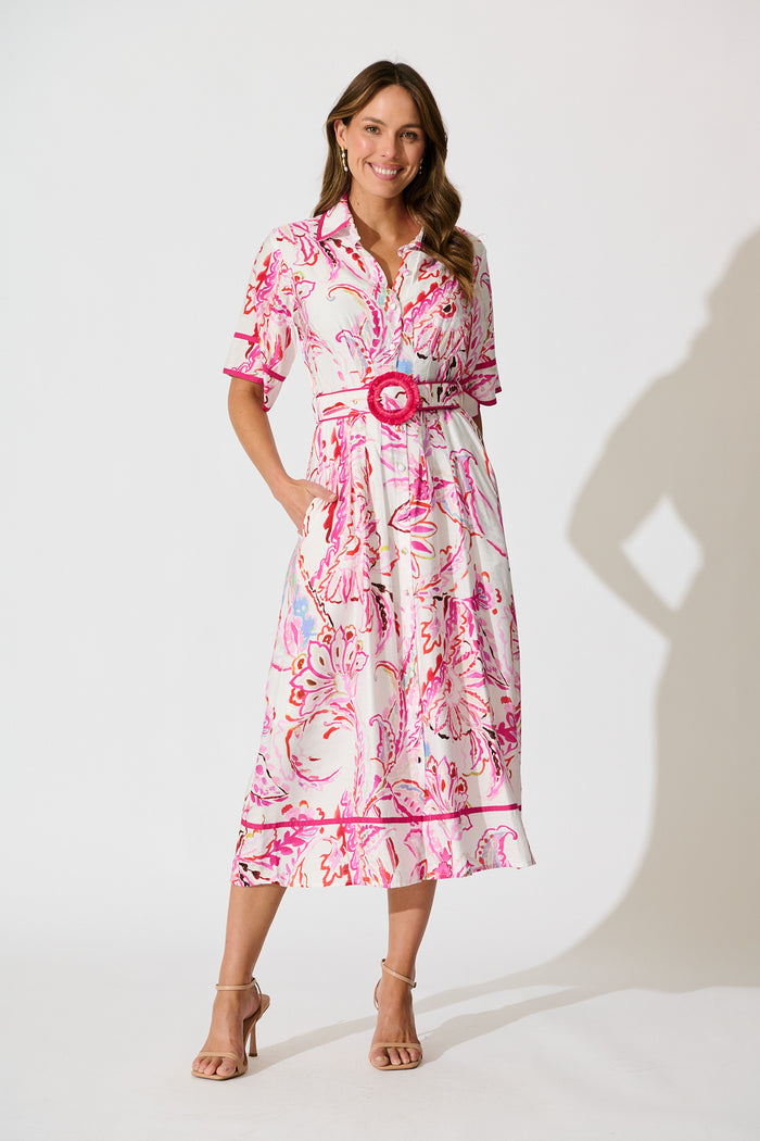 Jayda Maxi Shirt dress in White with Pink Abstract Floral full length