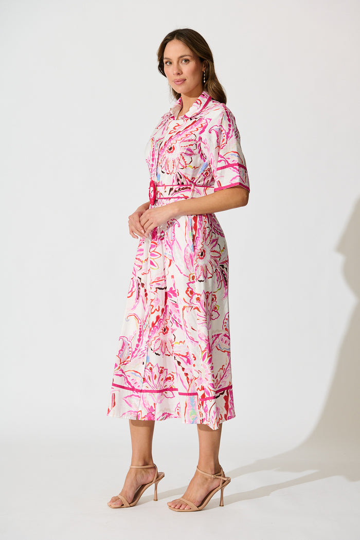 Jayda Maxi Shirt dress in White with Pink Abstract Floral side