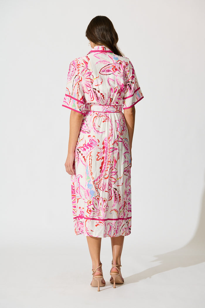 Jayda Maxi Shirt dress in White with Pink Abstract Floral back