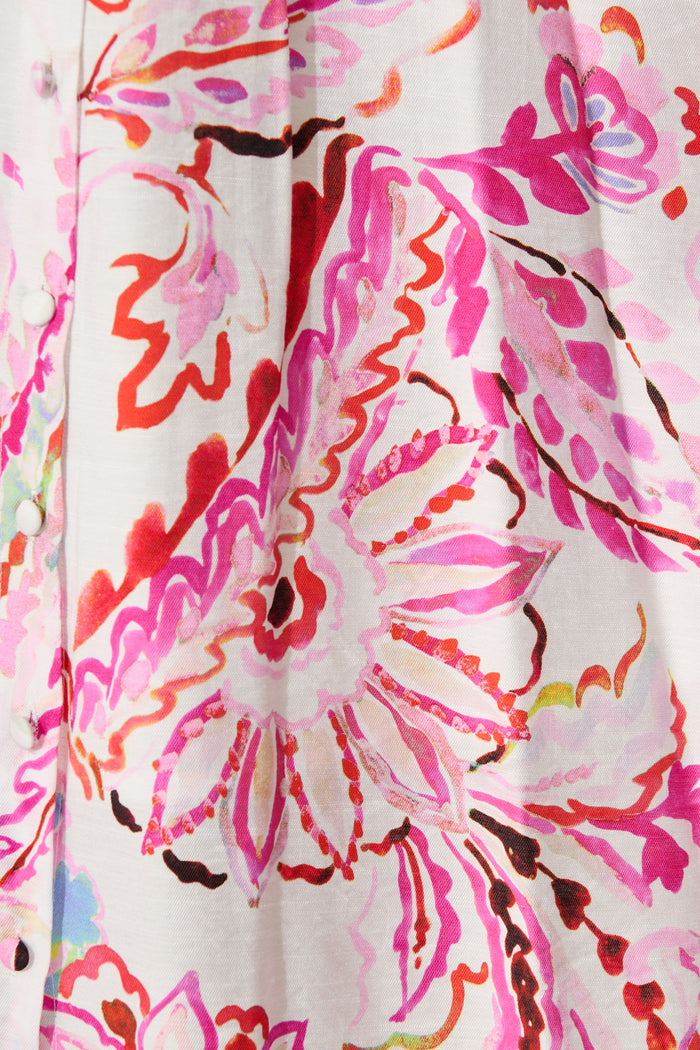 Jayda Maxi Shirt dress in White with Pink Abstract Floral fabric