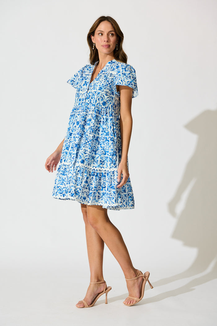Leera Dress in White with Blue Cotton side