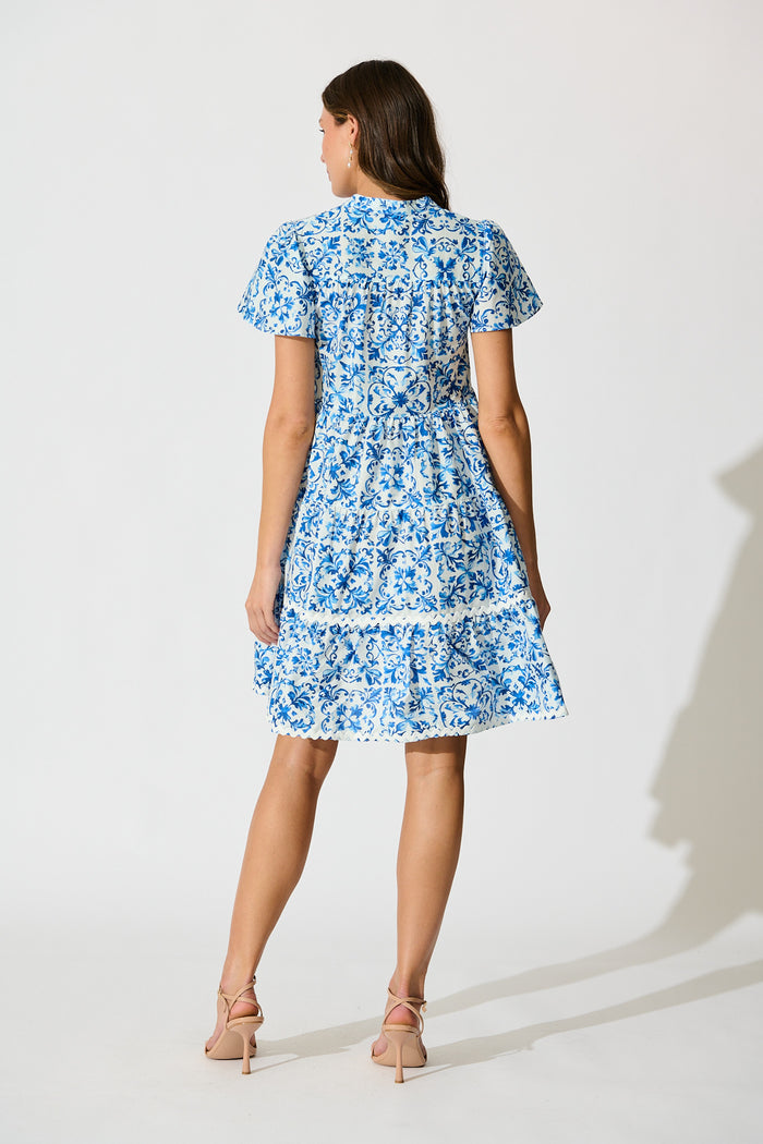 Leera Dress in White with Blue Cotton back