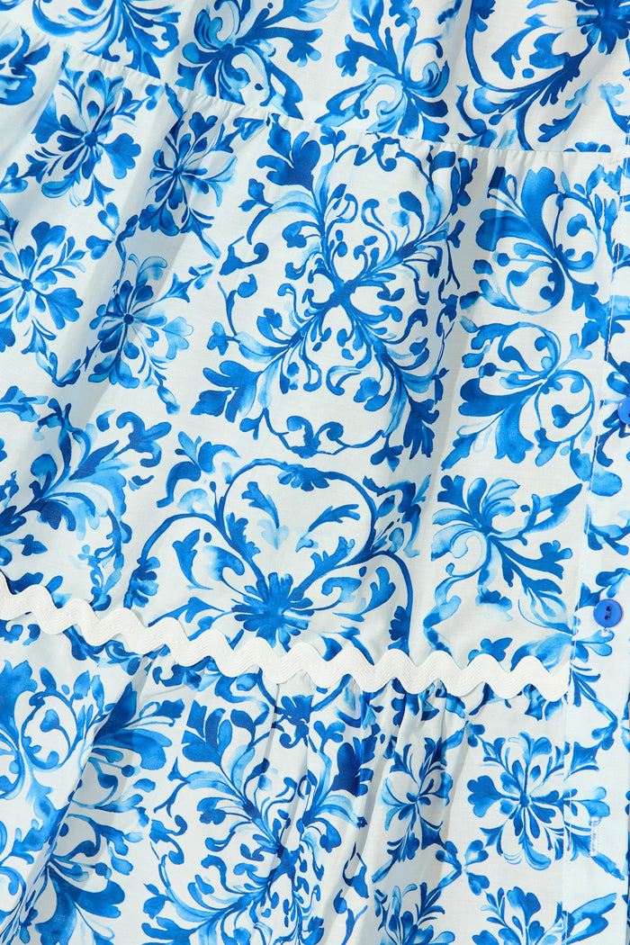 Leera Dress in White with Blue Cotton fabric