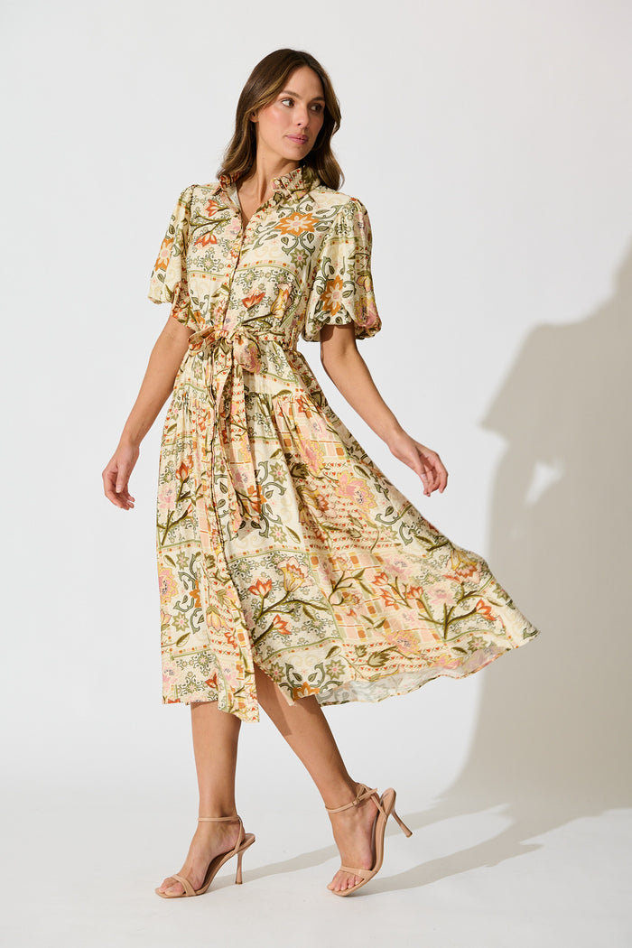 Loralea Midi Shirt Dress in Green with Brown Floral Print side