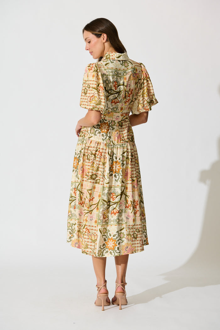 Loralea Midi Shirt Dress in Green with Brown Floral Print back