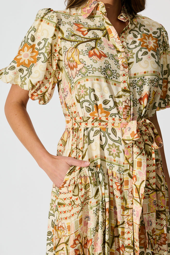 Loralea Midi Shirt Dress in Green with Brown Floral Print detail
