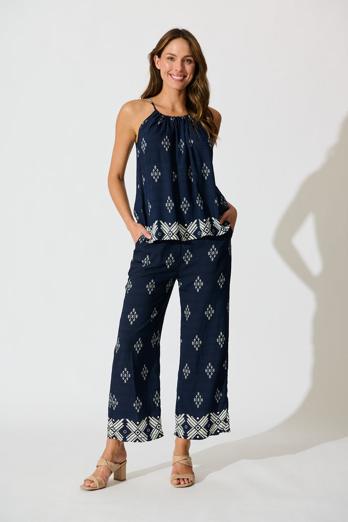Aiko Top in Navy with White Border Print Linen Blend full length set