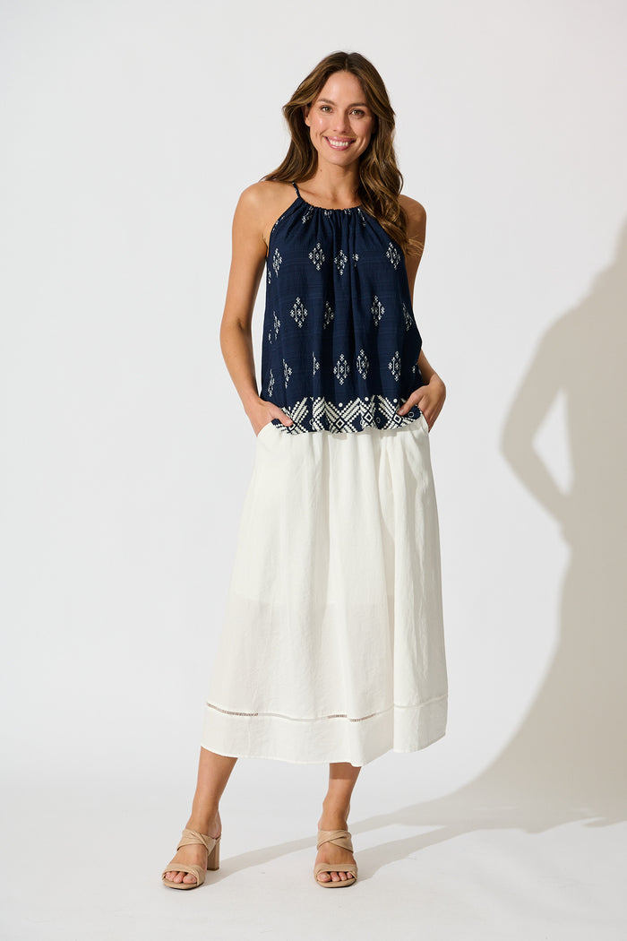 Aiko Top in Navy with White Border Print Linen Blend full length