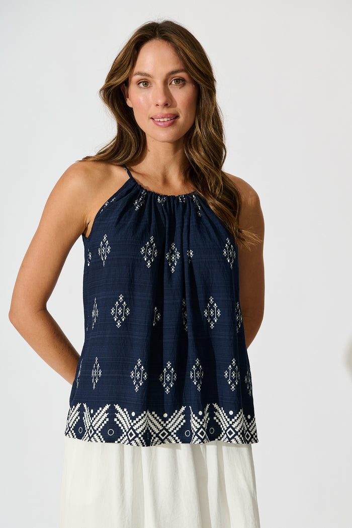 Aiko Top in Navy with White Border Print Linen Blend front