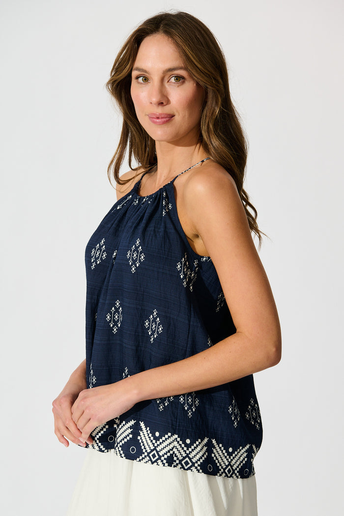Aiko Top in Navy with White Border Print Linen Blend side