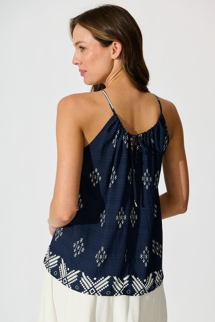 Aiko Top in Navy with White Border Print Linen Blend back