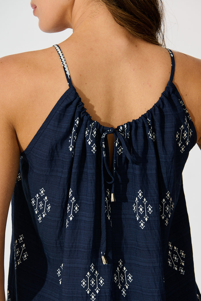 Aiko Top in Navy with White Border Print Linen Blend detail