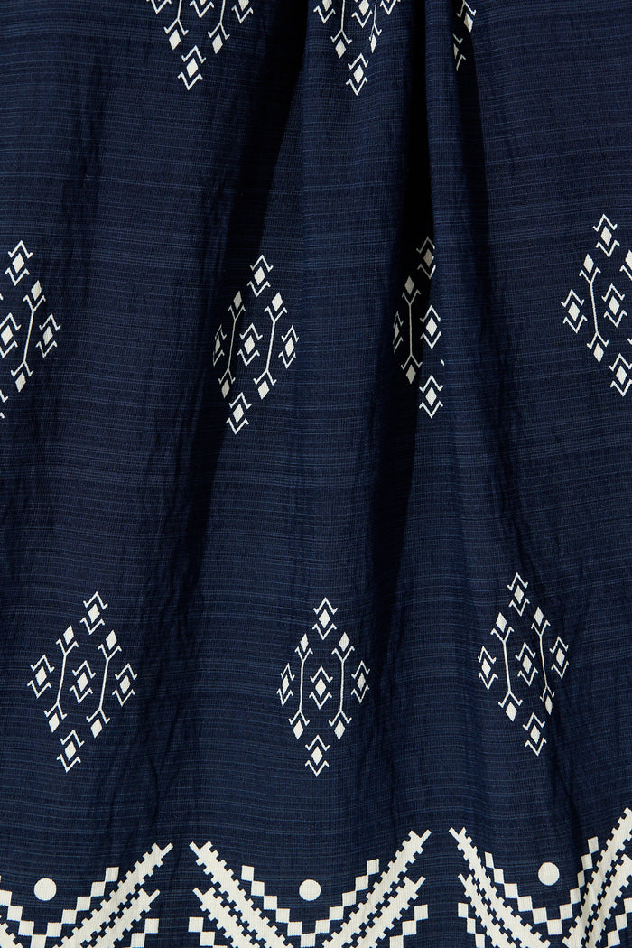 Aiko Top in Navy with White Border Print Linen Blend fabric