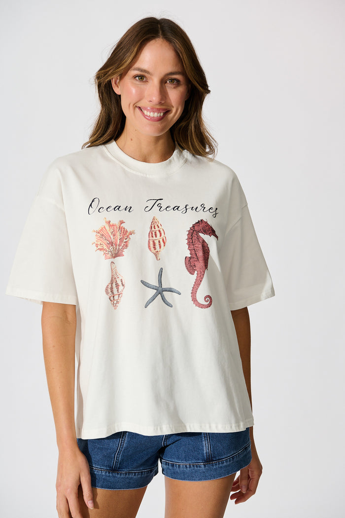 Sea Lover T Shirt in White with Multi Seashell Cotton front