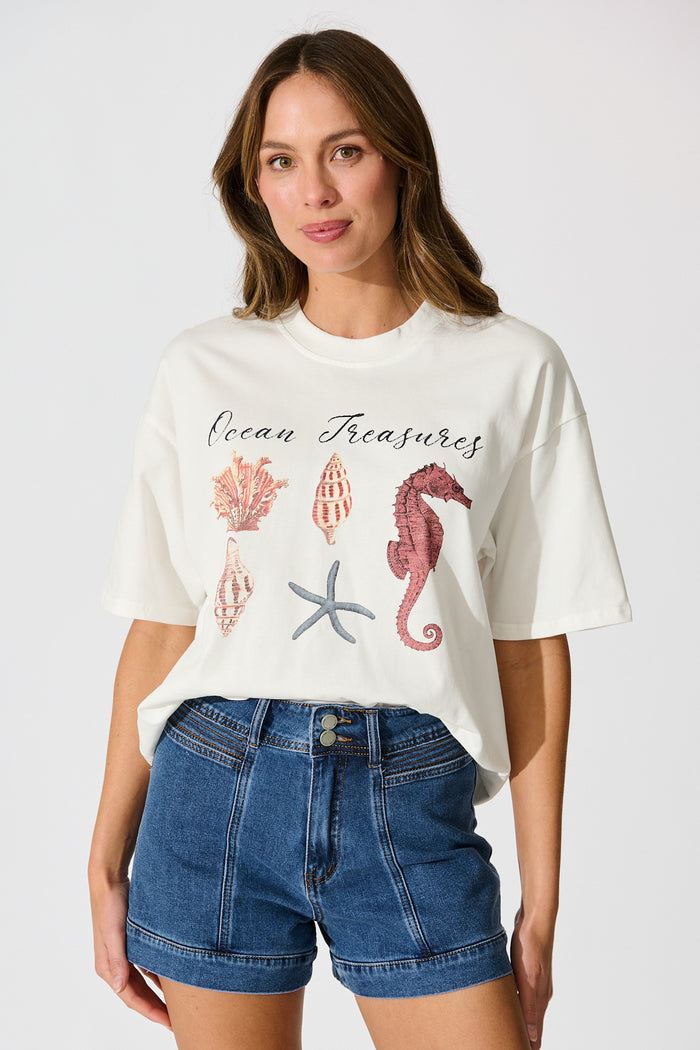 Sea Lover T Shirt in White with Multi Seashell Cotton front tucked