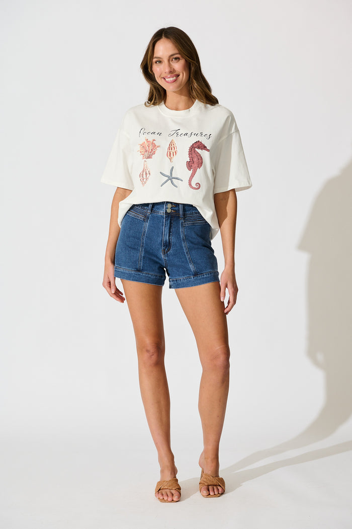 Sea Lover T Shirt in White with Multi Seashell Cotton full length