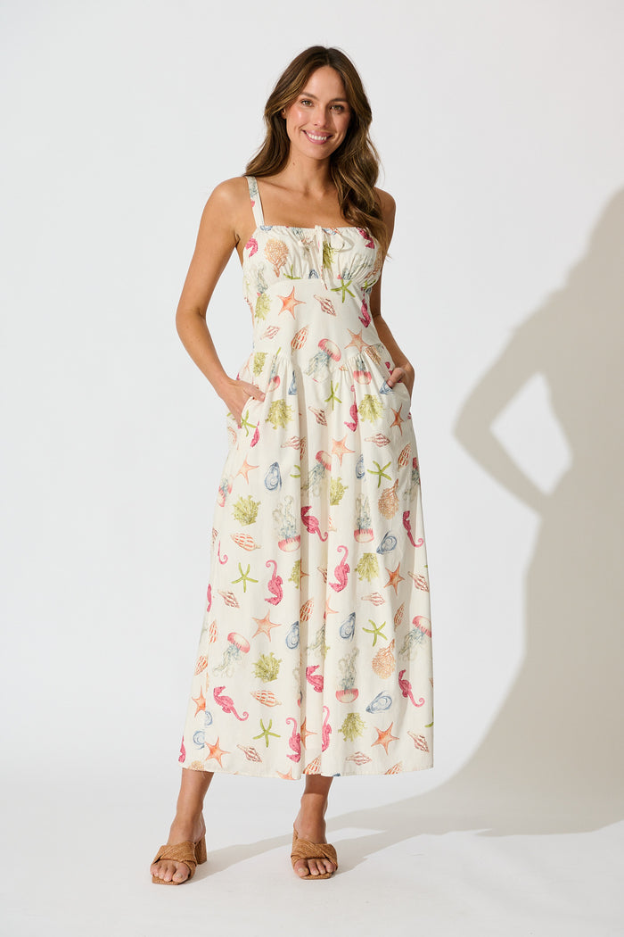 Seashell Maxi Sundress in Cream with Multi Cotton full length