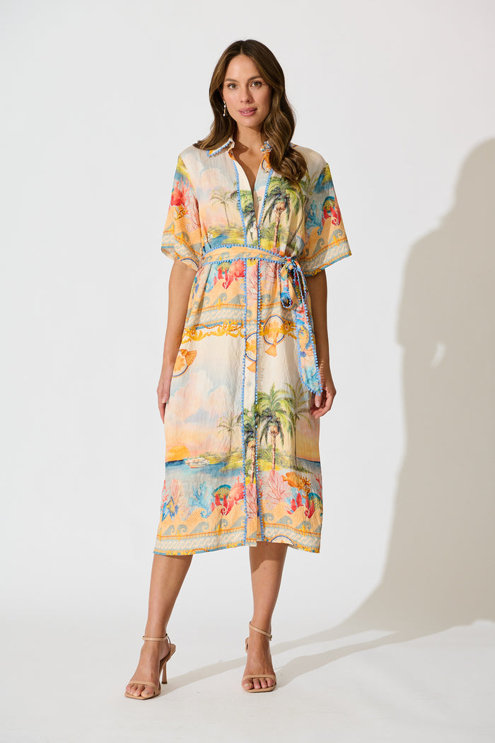 Elowen Midi Shirt Dress in Beige Multi Summer Print full length