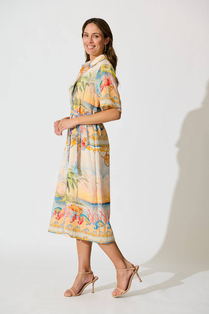 Elowen Midi Shirt Dress in Beige Multi Summer Print side
