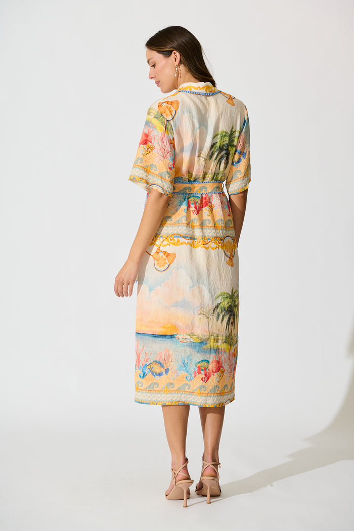 Elowen Midi Shirt Dress in Beige Multi Summer Print back