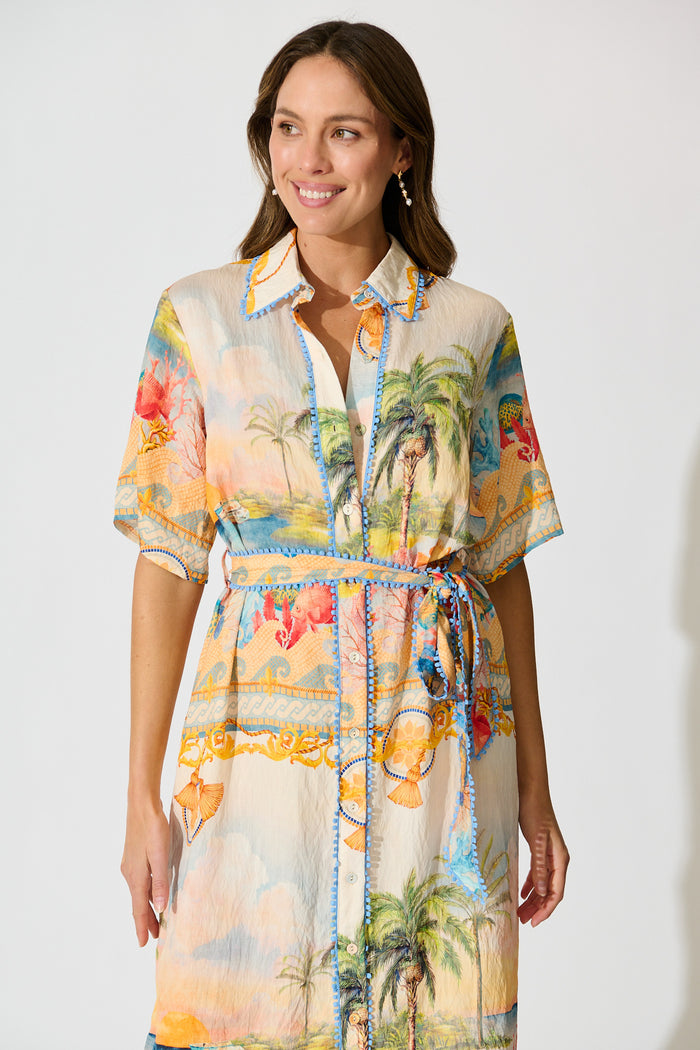 Elowen Midi Shirt Dress in Beige Multi Summer Print front