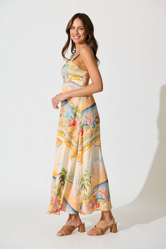 Malva Maxi Sundress in Beige Multi Summer Print side