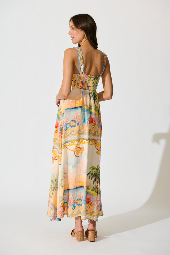 Malva Maxi Sundress in Beige Multi Summer Print back