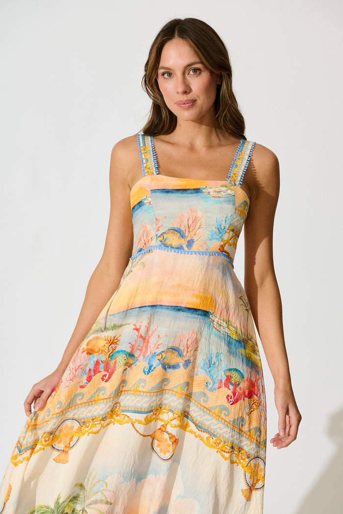 Malva Maxi Sundress in Beige Multi Summer Print front