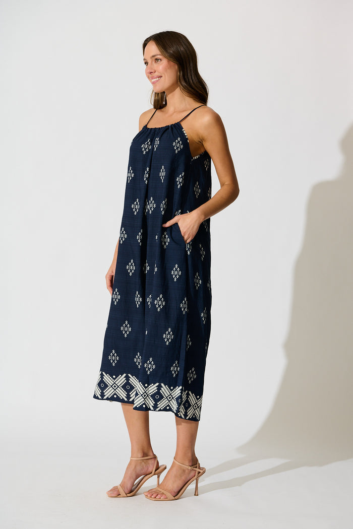 Ovina Maxi Sundress in Navy with White Border Linen Blend side