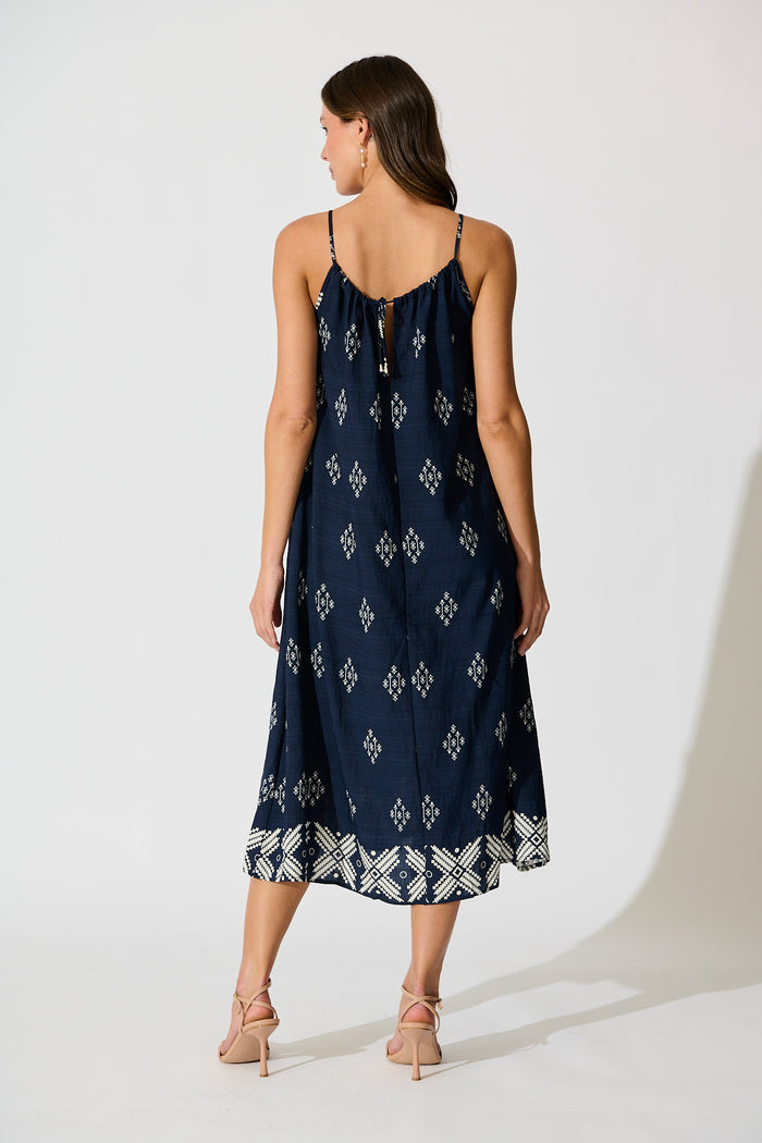 Ovina Maxi Sundress in Navy with White Border Linen Blend back