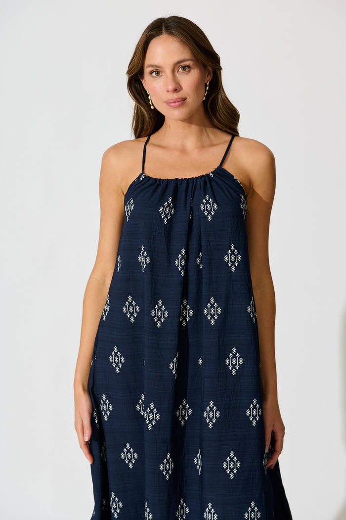 Ovina Maxi Sundress in Navy with White Border Linen Blend front