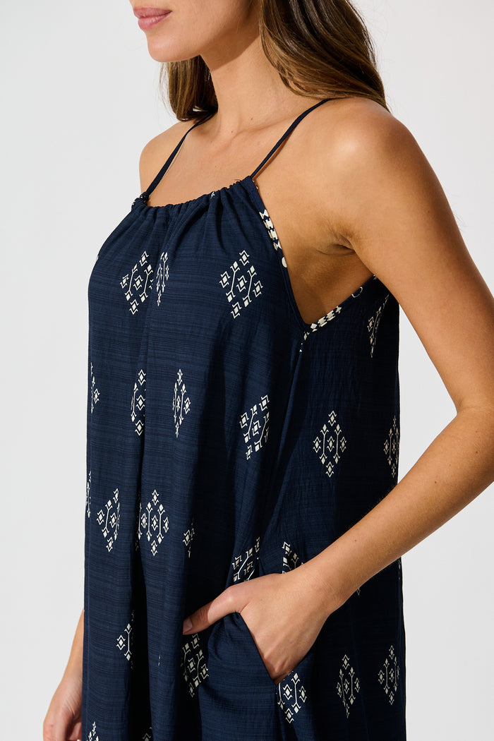 Ovina Maxi Sundress in Navy with White Border Linen Blend detail