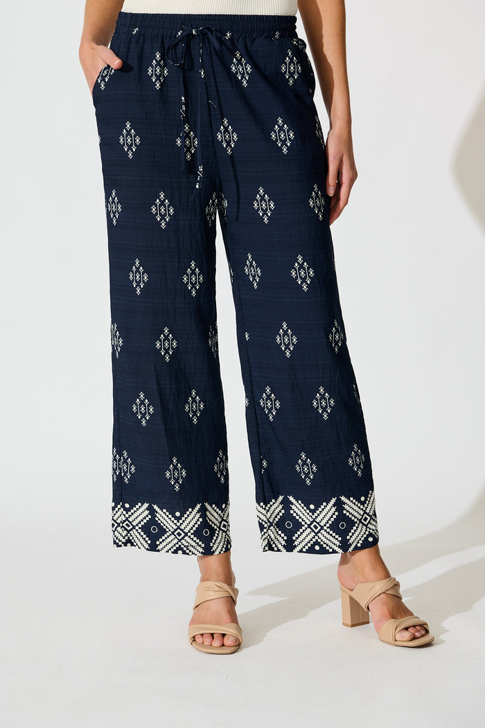 Naia Pant in Navy with White Border Print Linen Blend front