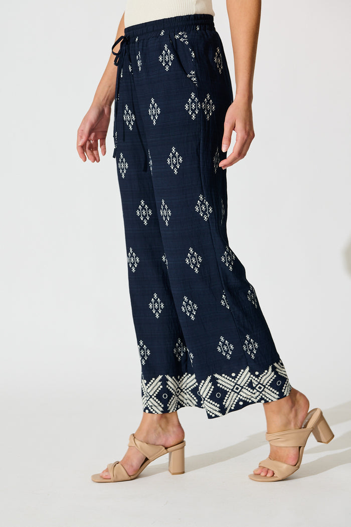 Naia Pant in Navy with White Border Print Linen Blend side