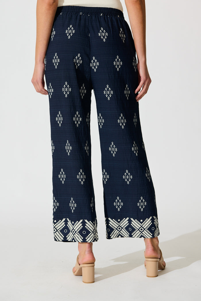 Naia Pant in Navy with White Border Print Linen Blend back