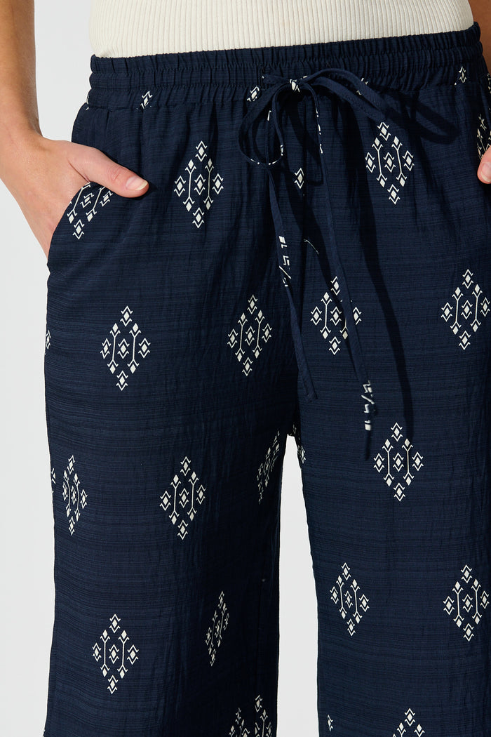 Naia Pant in Navy with White Border Print Linen Blend detail