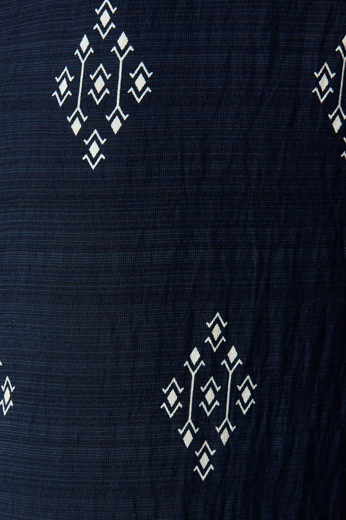Naia Pant in Navy with White Border Print Linen Blend fabric