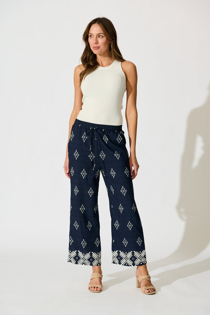 Naia Pant in Navy with White Border Print Linen Blend full length