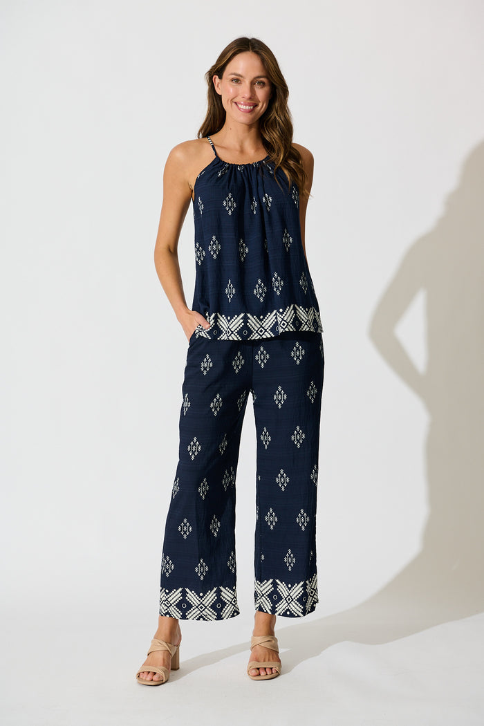 Naia Pant in Navy with White Border Print Linen Blend full length set