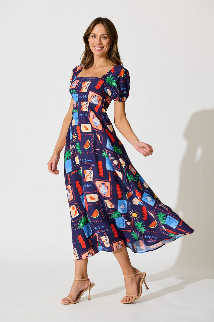 Arien Maxi Dress in Navy Multi Print side