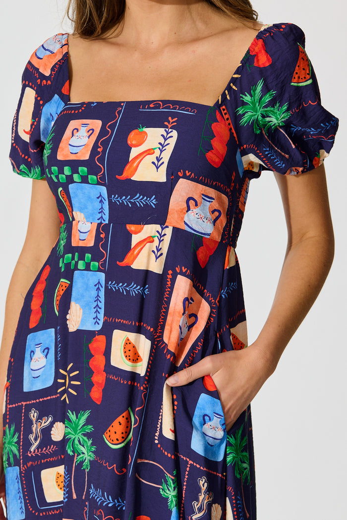 Arien Maxi Dress in Navy Multi Print detail