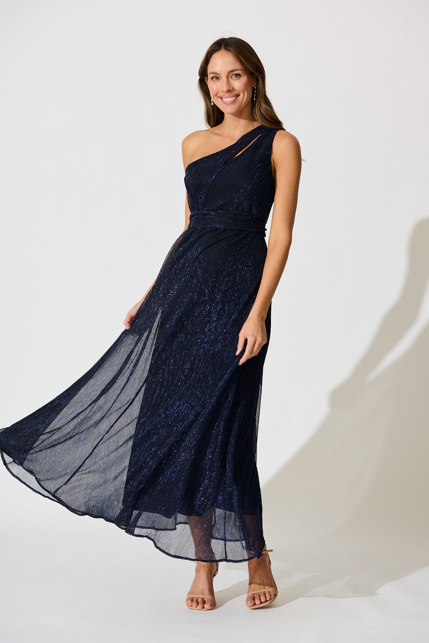 Dazzling One shoulder Maxi Dress in Navy full length