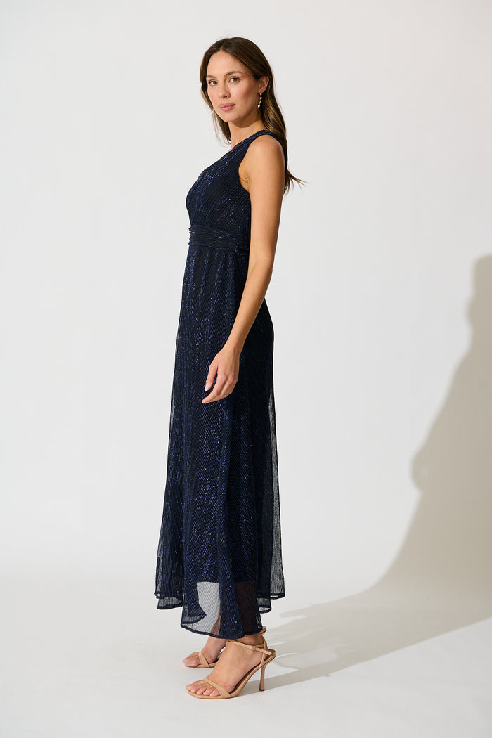 Dazzling One shoulder Maxi Dress in Navy side