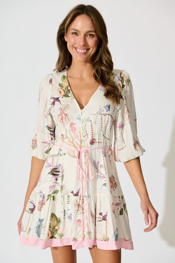 Coastline Muse Dress in White with Multi Shell front