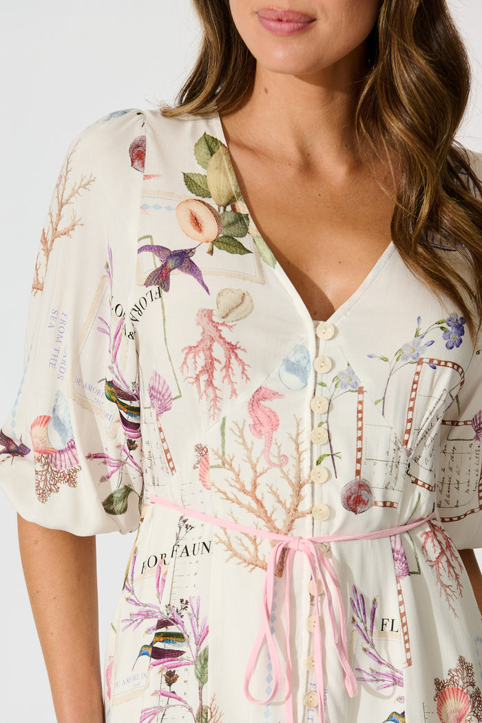 Coastline Muse Dress in White with Multi Shell detail