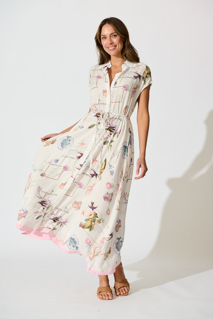 Seashell Skies Maxi Shirt Dress in White with Multi Shell full length