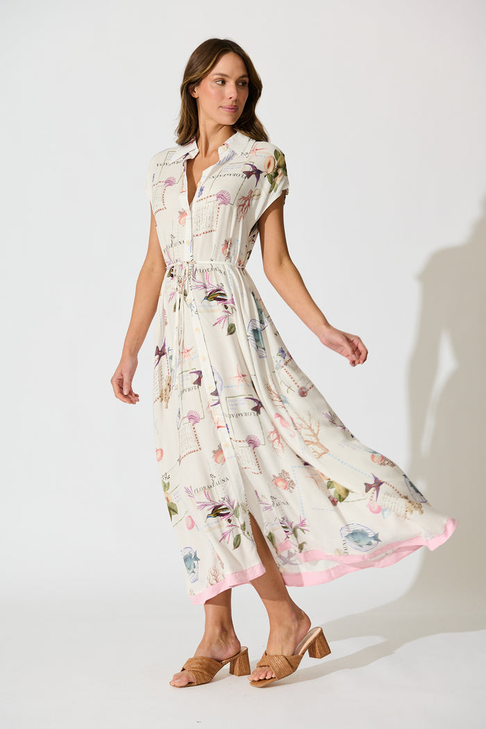 Seashell Skies Maxi Shirt Dress in White with Multi Shell side