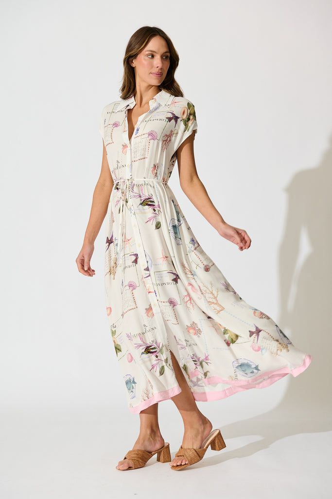 Seashell Skies Maxi Shirt Dress in White with Multi Shell side
