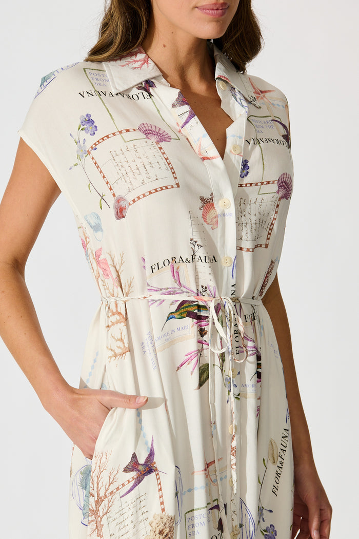 Seashell Skies Maxi Shirt Dress in White with Multi Shell detail